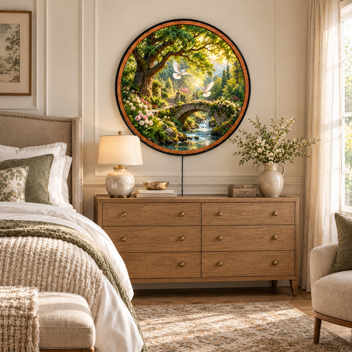 Garden of Peace – Handcrafted LED Wall Art | White Doves, Stone Bridge & Enchanted Garden Landscape
