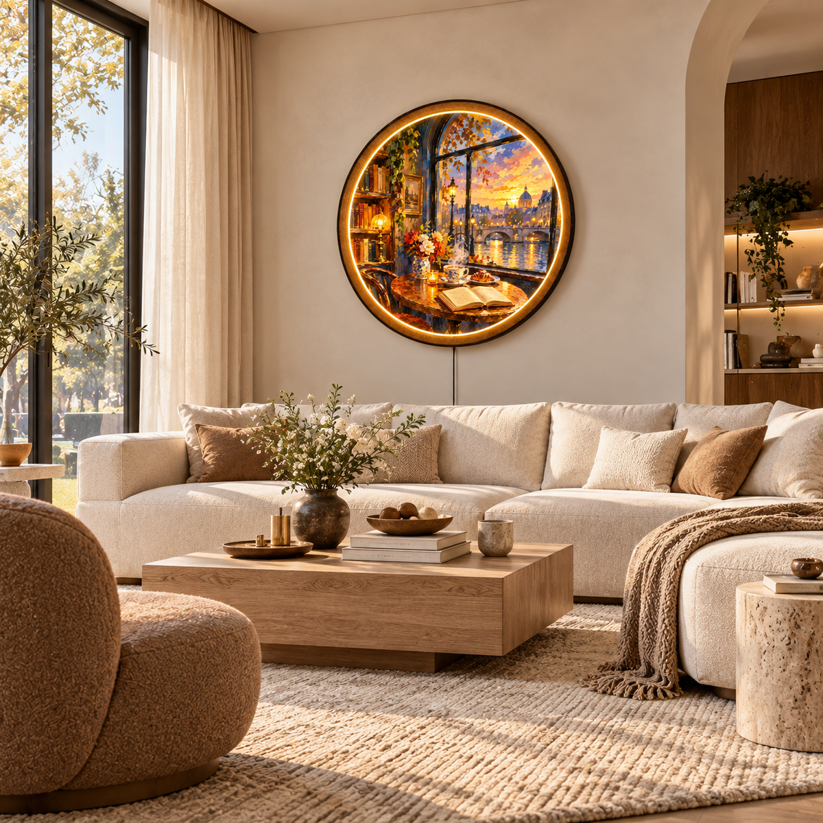 Cozy Riverside Reading Nook β Round LED Wall Art