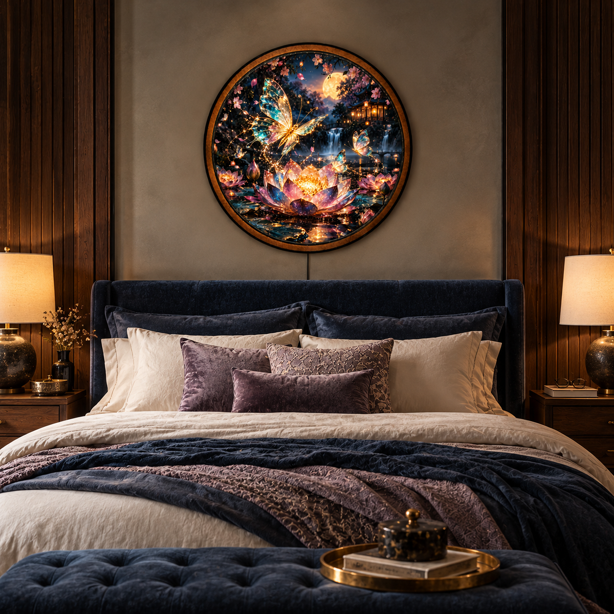 Handcrafted Enchanted Lotus & Glowing Butterflies LED Wall Art – Magical Moonlit Japanese Garden