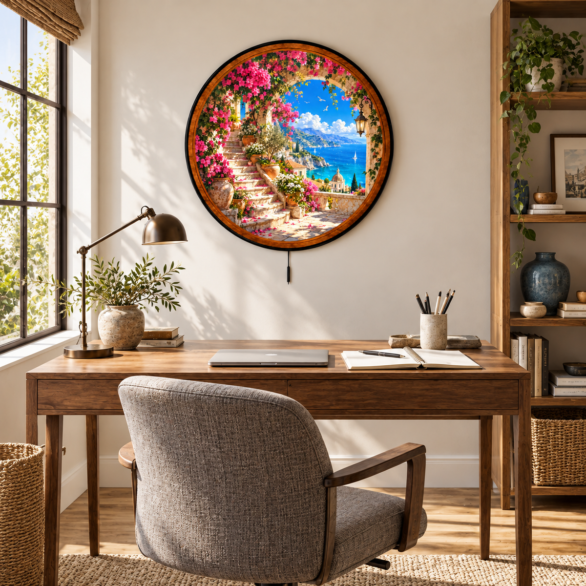 Amalfi Coast Bloom – Handcrafted Round LED Wall Art