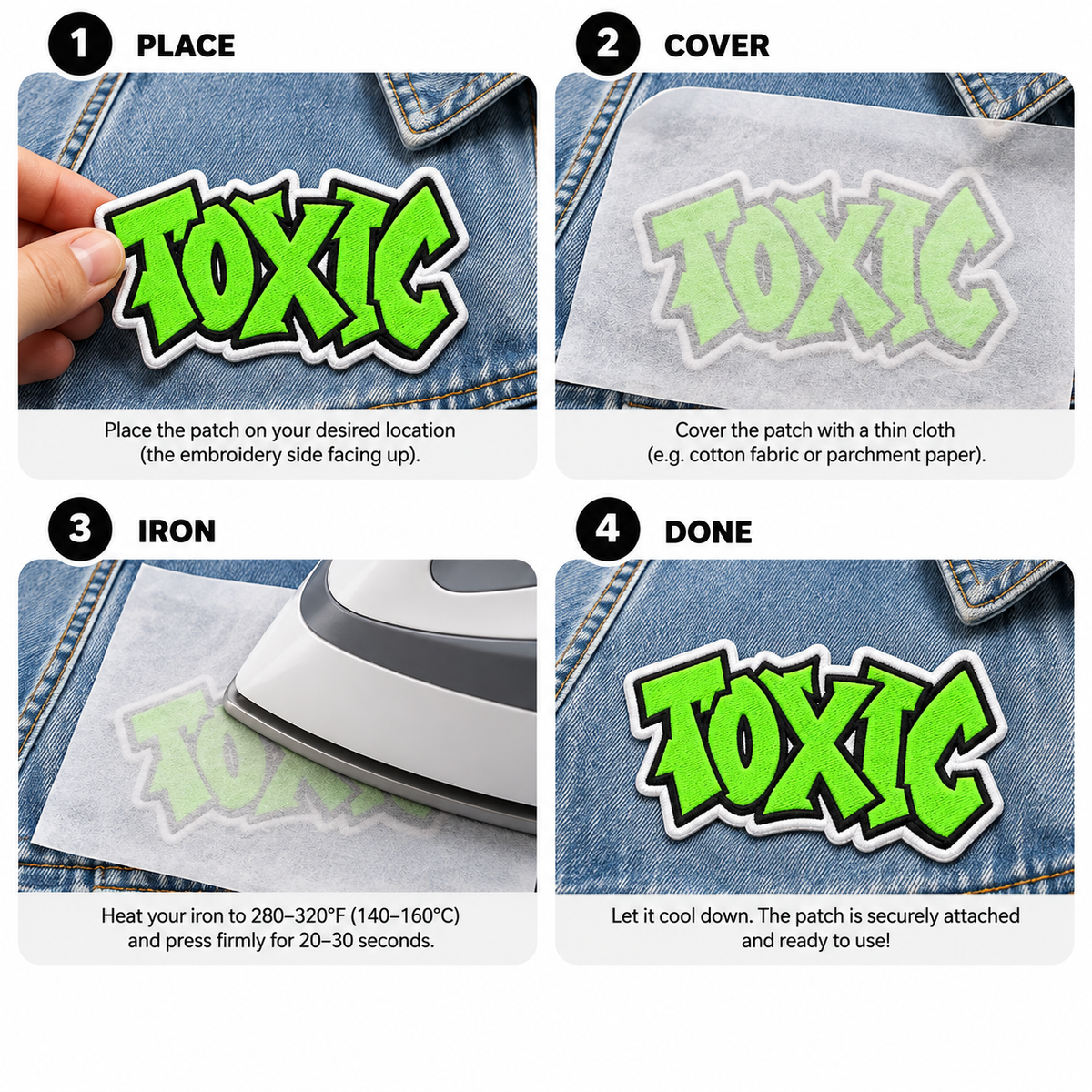 Toxic Graffiti Embroidered Iron-On Patch ā Neon Green Streetwear Lettering Applique