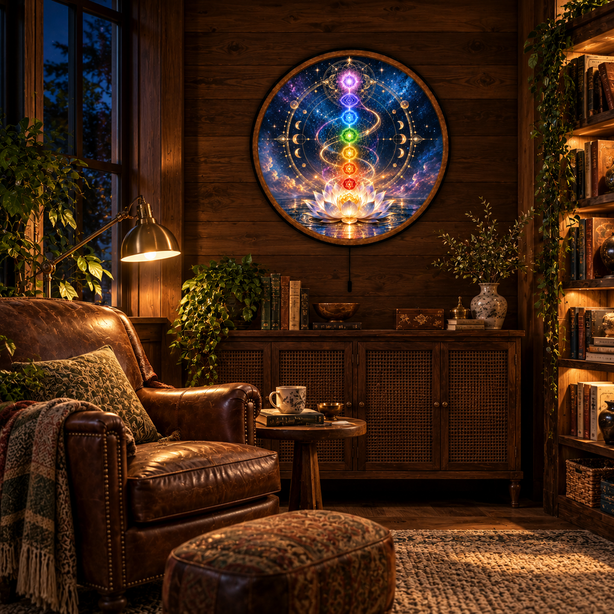 Celestial Chakra Lotus β Handcrafted Round LED Wall Art