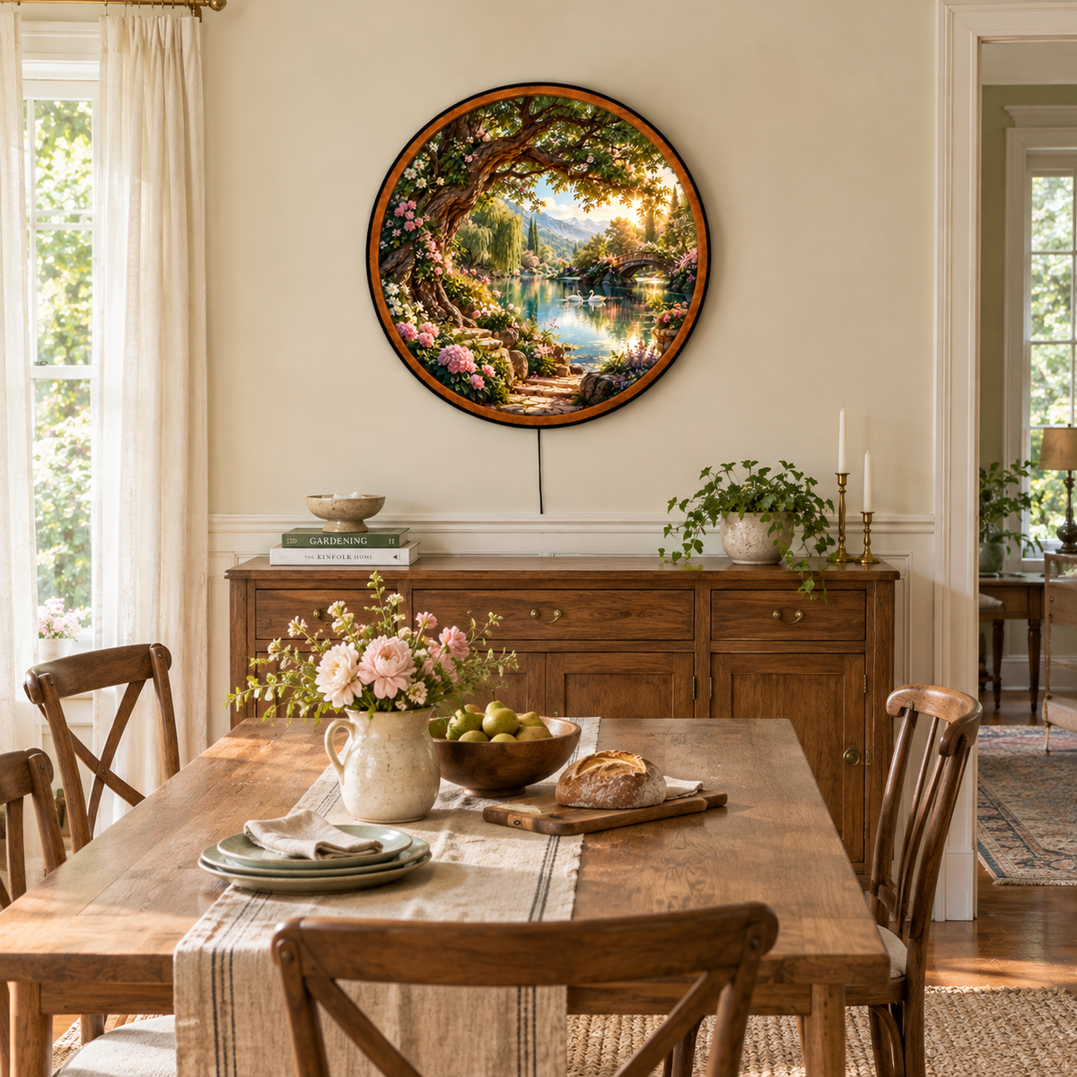 Enchanted Swan Garden – Handcrafted Round LED Wall Art