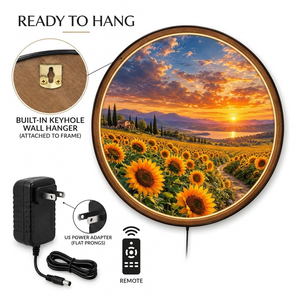 Golden Sunflower Sunset – Handcrafted Round LED Wall Art