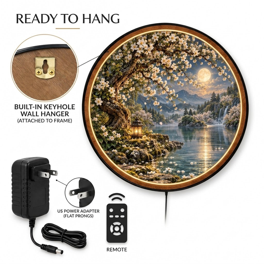 Moonlit Blossom Sanctuary – Handcrafted Round LED Wall Art