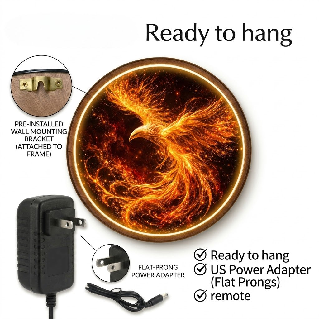 Handcrafted Fire Phoenix LED Wall Art – Golden Flaming Phoenix Rising Fantasy