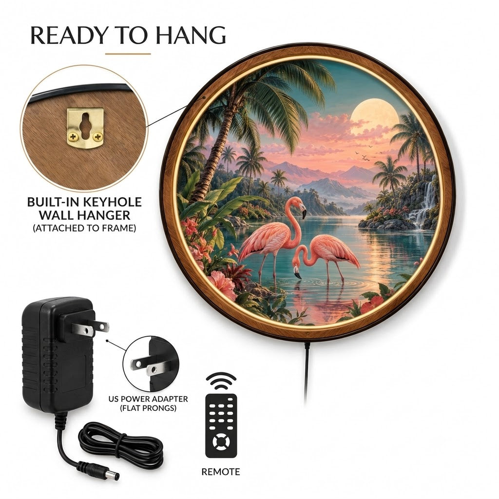Handcrafted Pink Flamingo LED Wall Art – Tropical Paradise Sunset & Moon, Coastal Nature