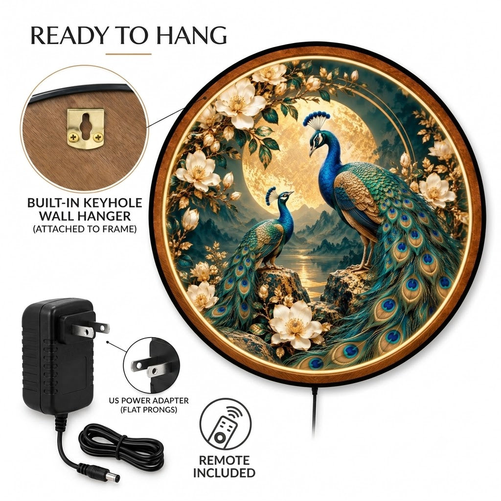 Moonlit Peacock Garden β Handcrafted LED Wall Art | Blue Peacocks & Golden Full Moon