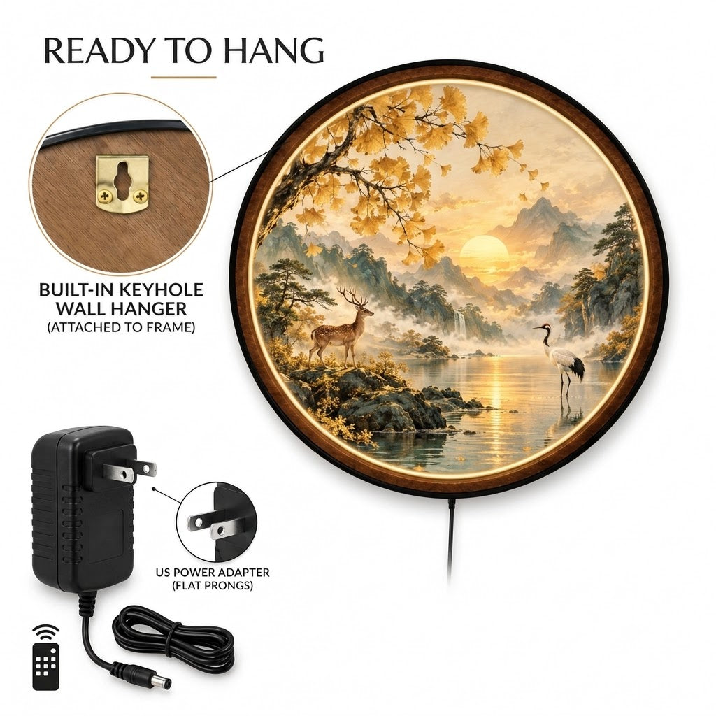 Deer & Crane Japanese Landscape Decor β Handcrafted LED Wall Art