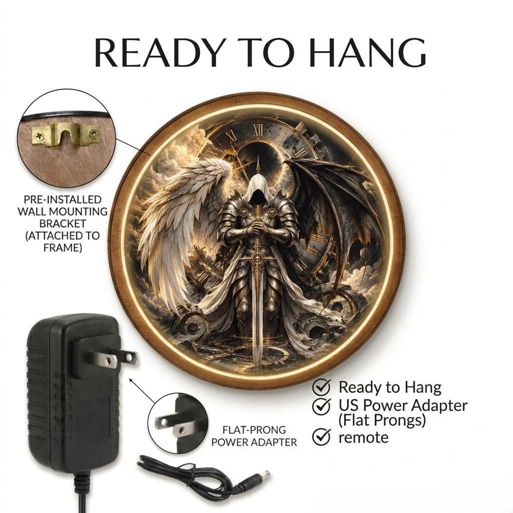 Handcrafted Gothic Knight LED Wall Art – Fallen Angel & Demon Wings, Eclipse Clock Fantasy
