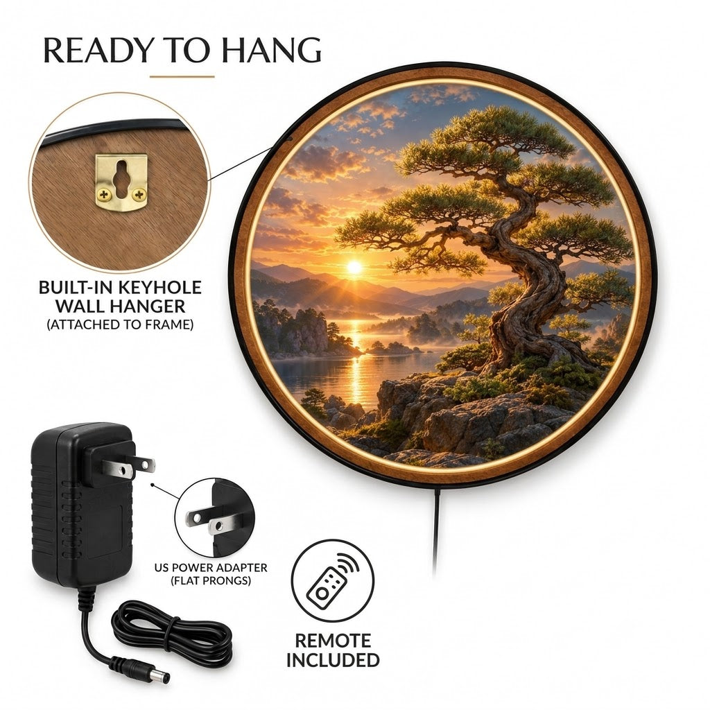 Golden Sunset Bonsai – Handcrafted Round LED Wall Art
