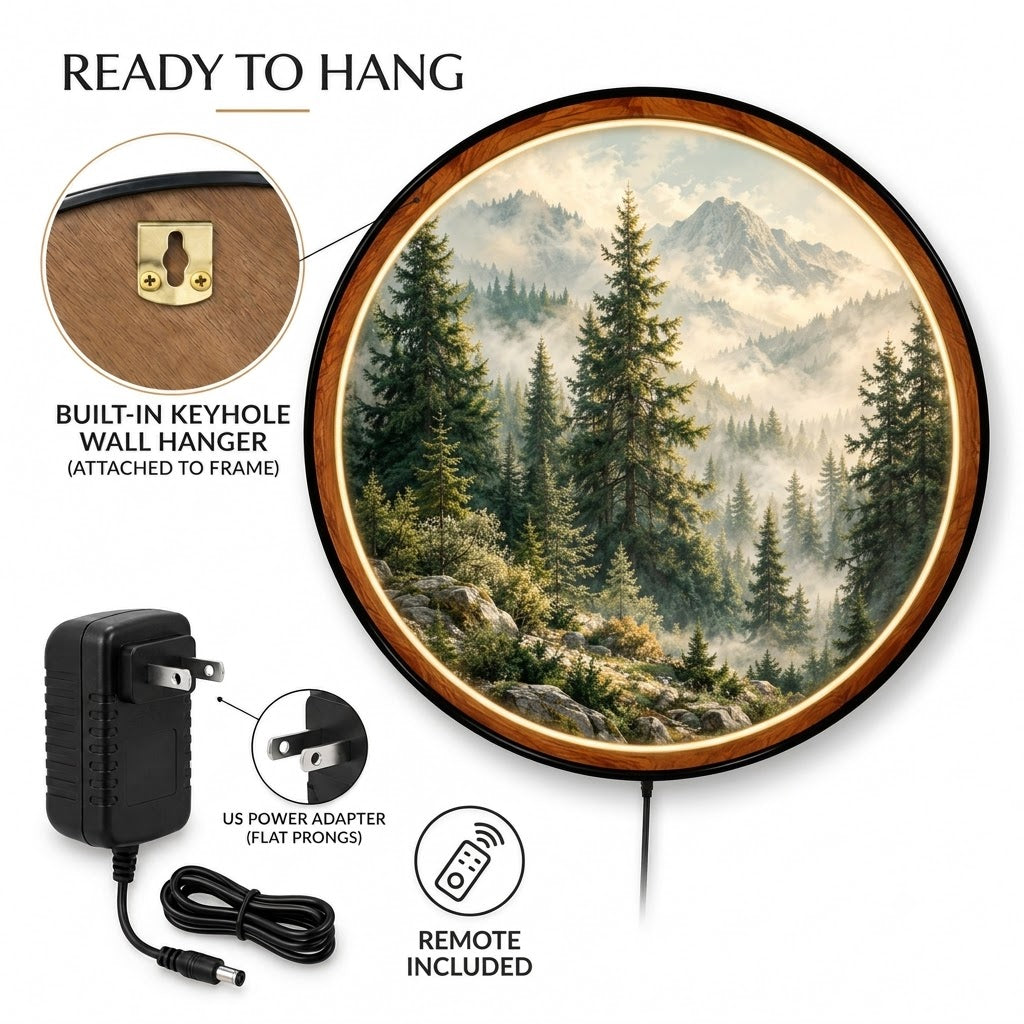 Misty Evergreen Forest – Handcrafted Round LED Wall Art