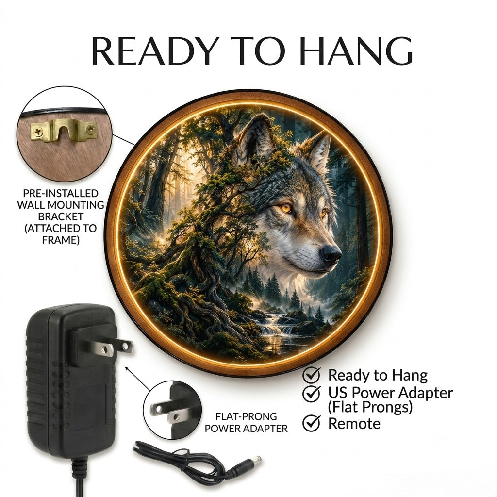 Handcrafted Mystic Wolf LED Wall Art – Golden-Eyed Wolf & Enchanted Forest Nature