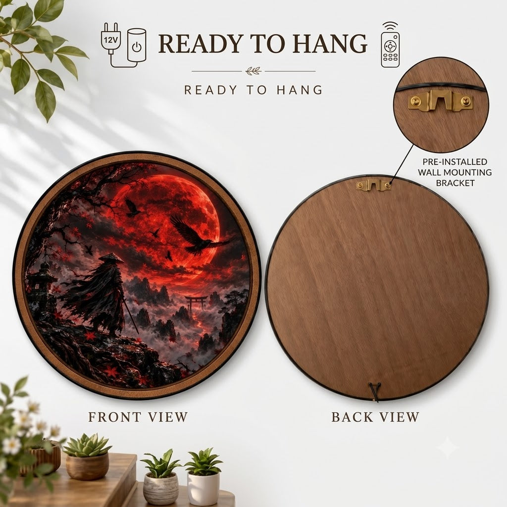 Handcrafted Crimson Moon Samurai Fantasy LED Wall Art