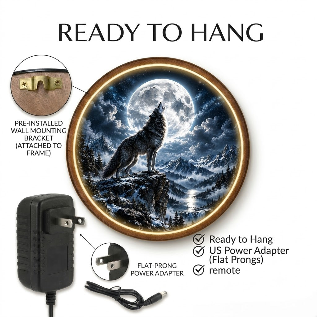 Handcrafted Howling Wolf LED Wall Art – Full Moon Wolf & Snowy Mountain Fantasy