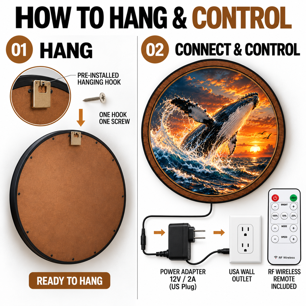 Breaching Humpback Whale Sunset Circular LED Wall Art