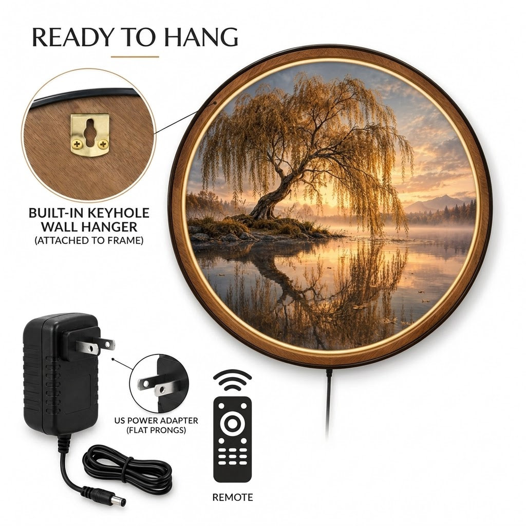 Handcrafted Golden Willow Tree LED Wall Art – Peaceful Sunset Lake Landscape, Rustic Nature