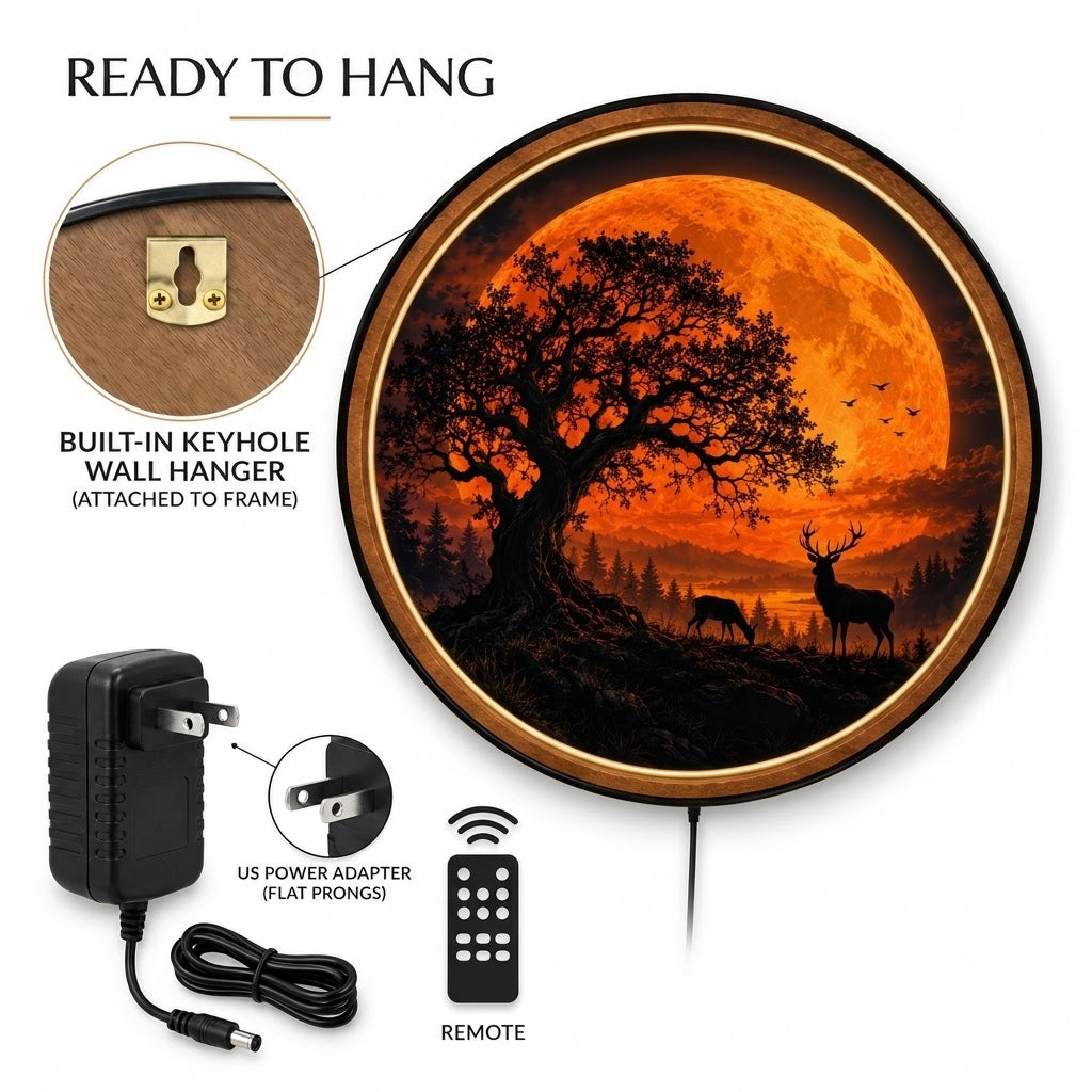 Harvest Moon Stag β Handcrafted Round LED Wall Art