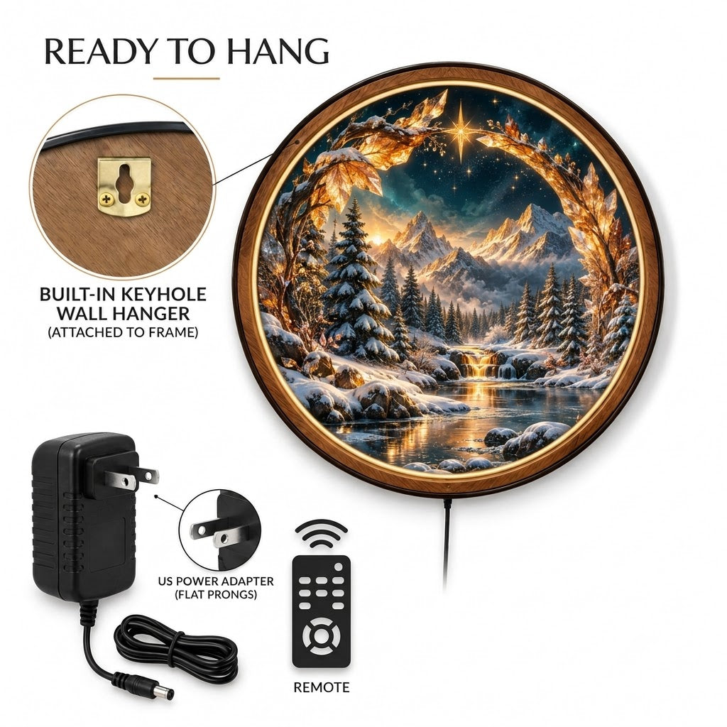 Handcrafted Winter Wonderland LED Wall Art – Crystal Arch, Golden Star & Snowy Mountain Landscape, Christmas