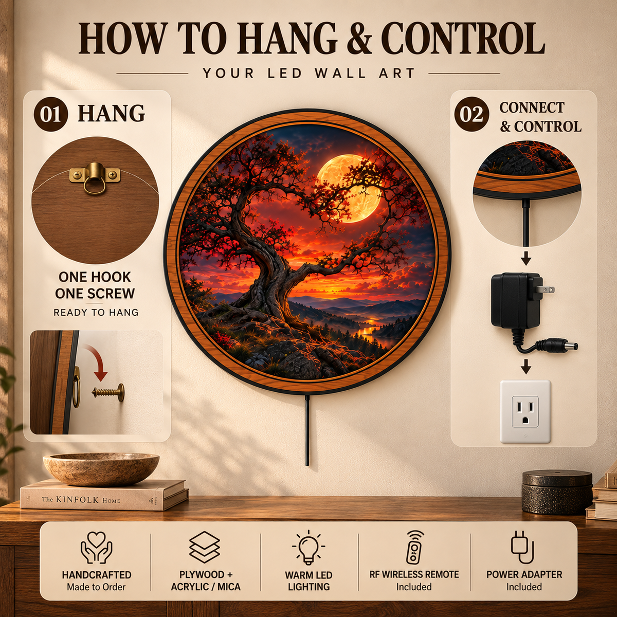 Crimson Moon Ancient Tree Circular LED Wall Art