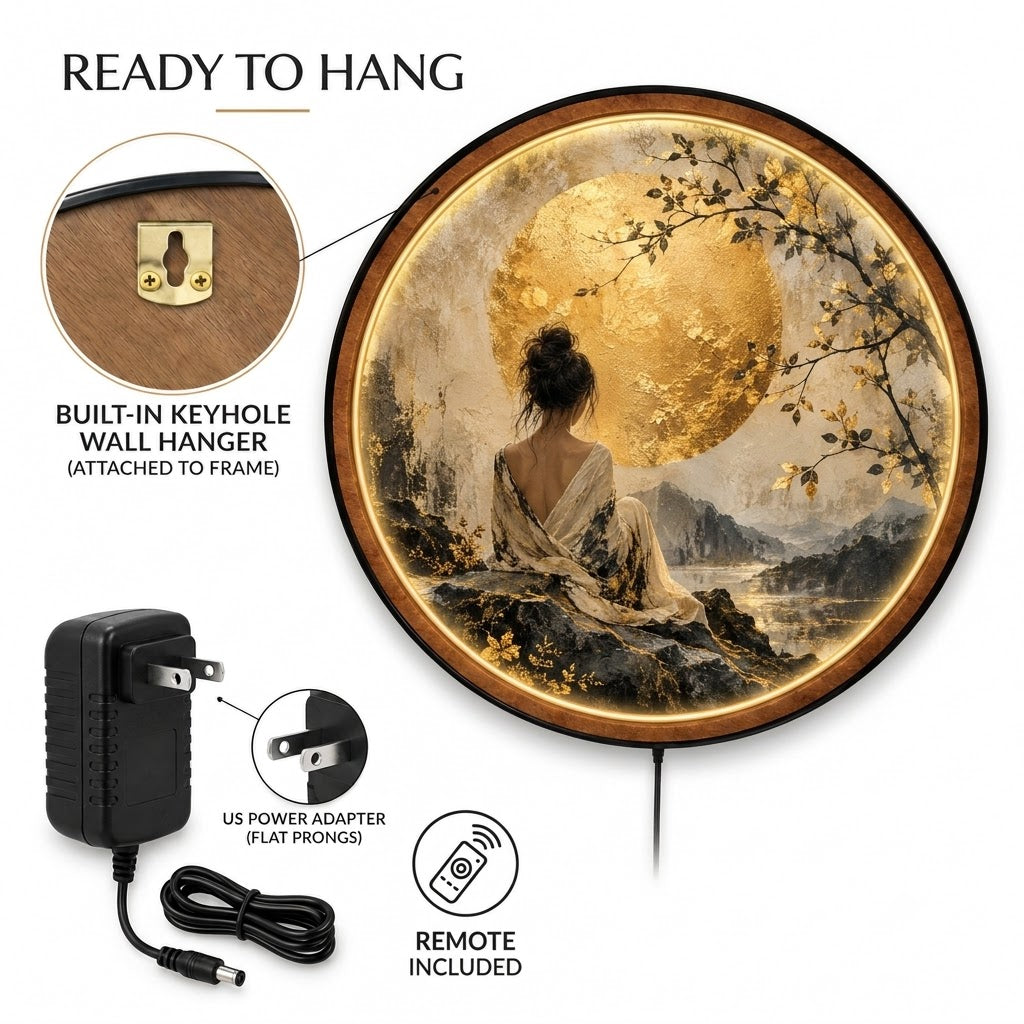 Golden Moon Serenity β Handcrafted Round LED Wall Art