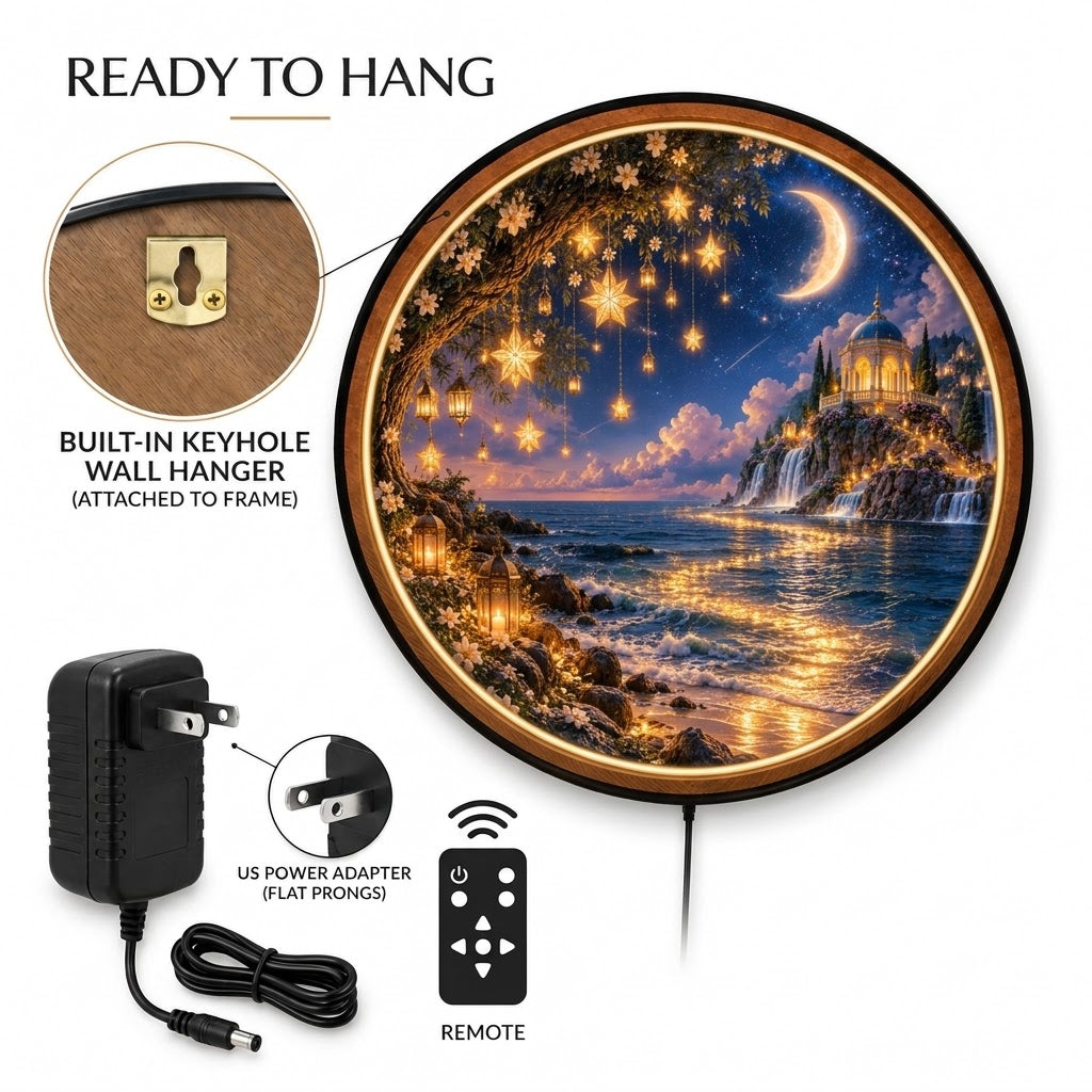 Starlit Moonlight Cove – Handcrafted Round LED Wall Art
