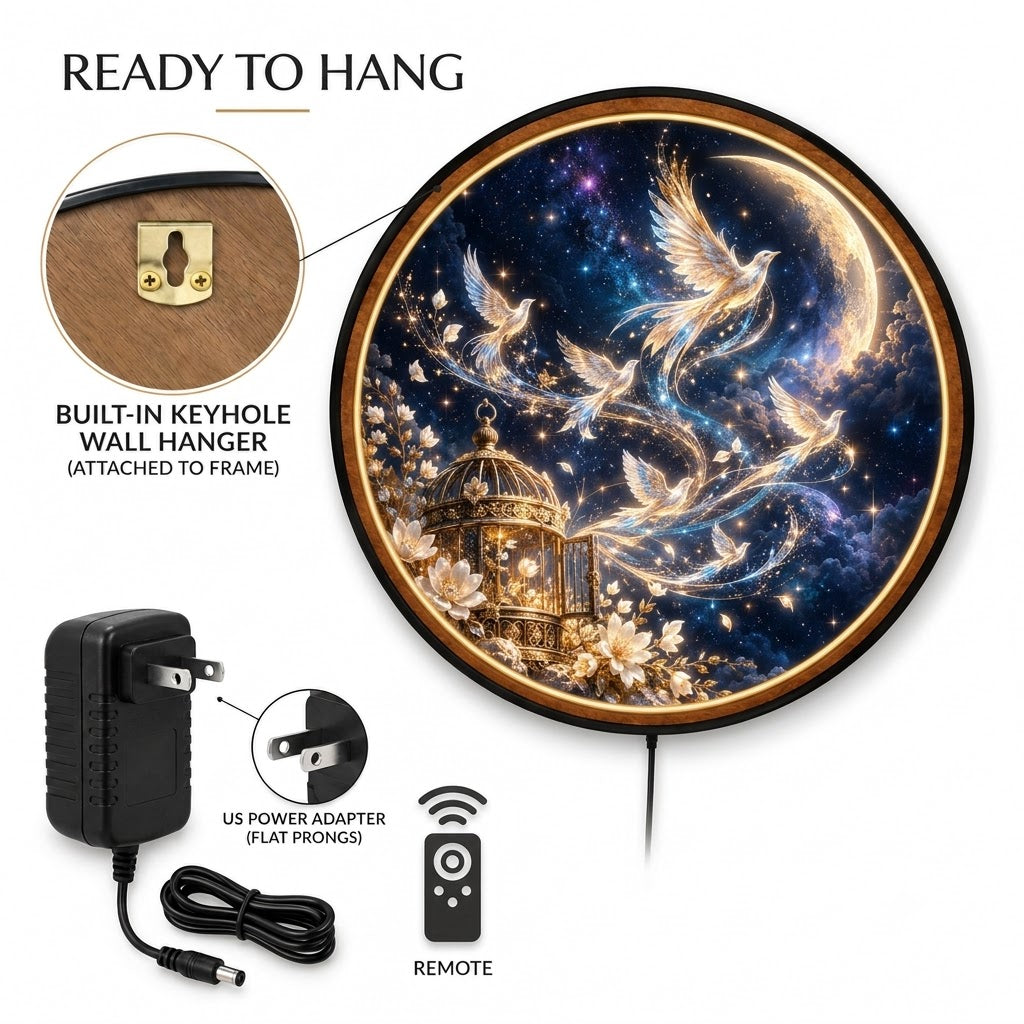 Celestial Wings of Freedom – Handcrafted Round LED Wall Art