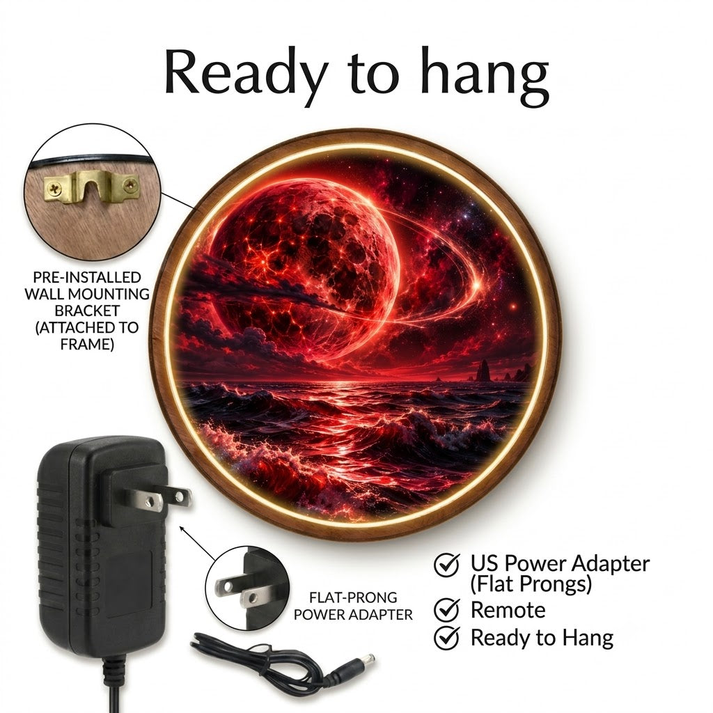 Handcrafted Crimson Eclipse Cosmic Ocean LED Wall Art