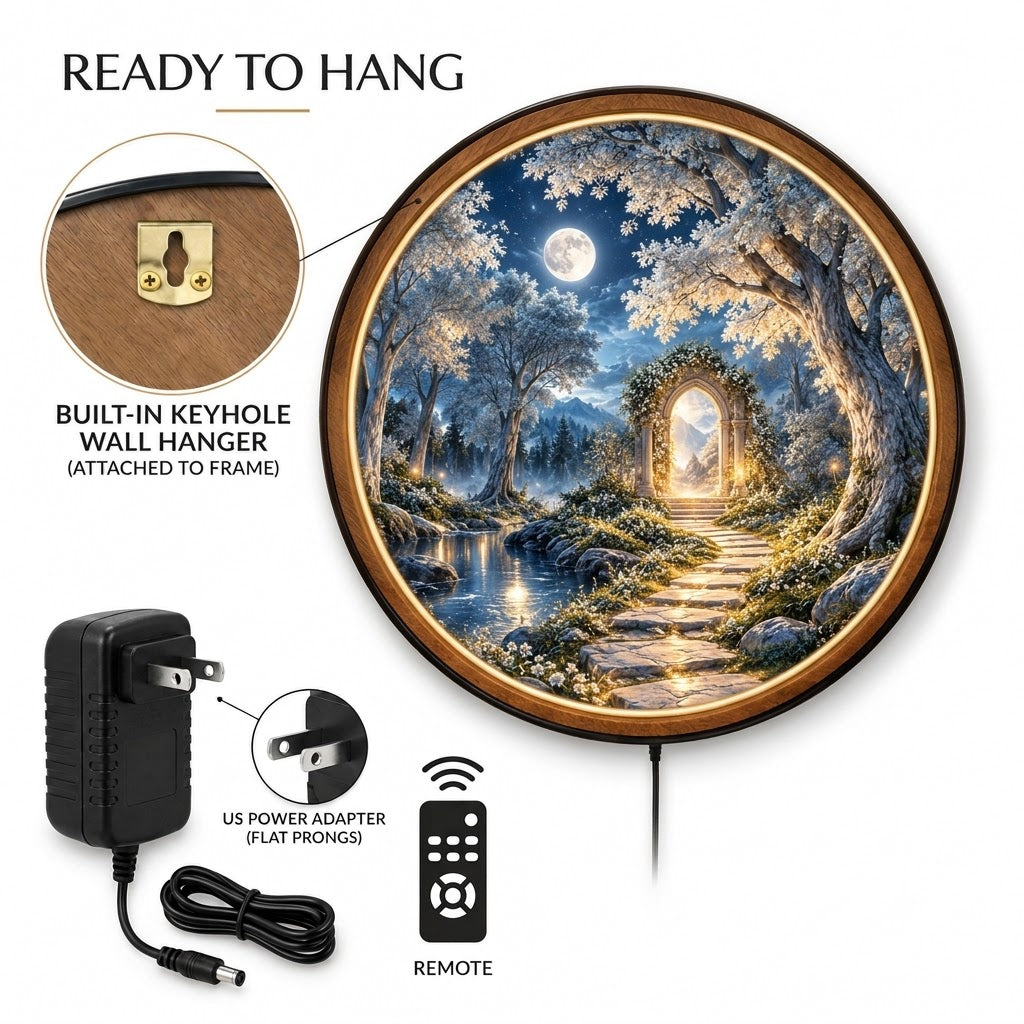 The Moonlit Gate – Handcrafted Round LED Wall Art