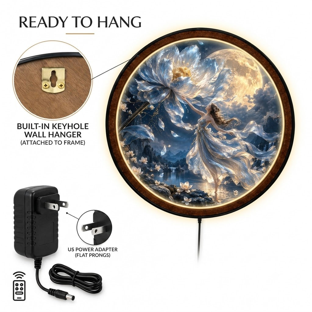 Ethereal Moon Goddess & White Flower Fantasy β Handcrafted LED Wall Art