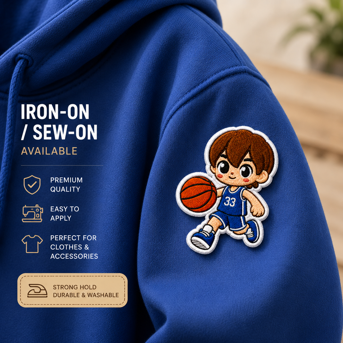 Cute Basketball Boy Embroidered Iron-On Patch ā Cartoon Basketball Player Applique