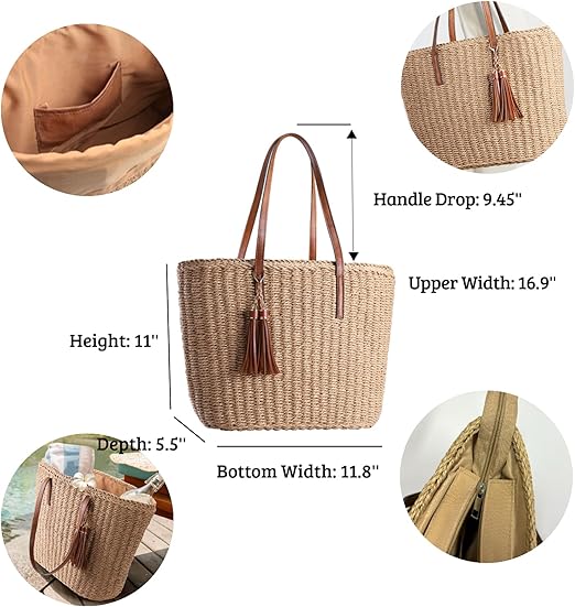 Medium Woven Straw Tote Bag for Women – Handmade Summer Travel Bag