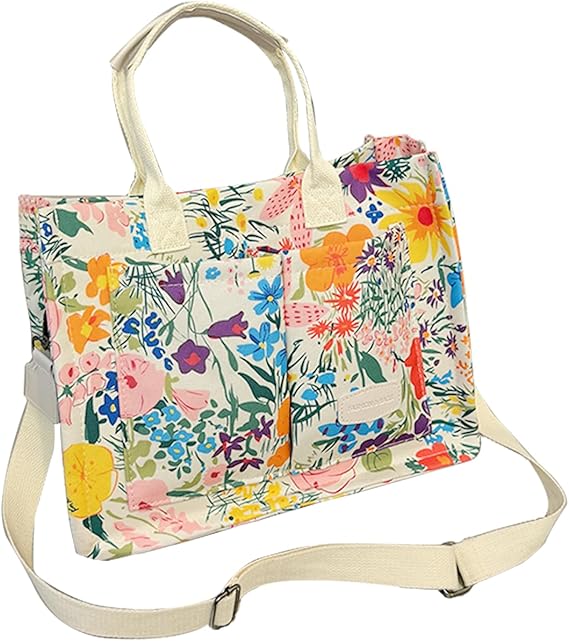 Cherry Canvas Tote Bag for Women – Cute Multi-Pocket Shoulder Purse for Work & Travel