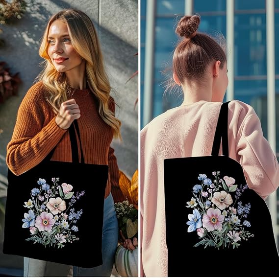 Floral Butterfly Canvas Tote Bag – Boho Shoulder Bag with Pocket for Women & Girls