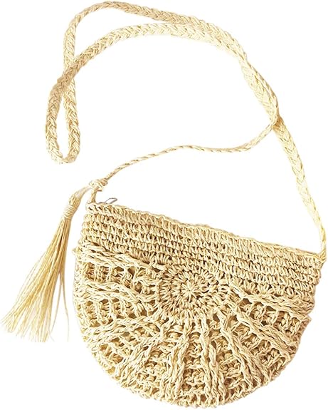 Handmade Straw Crossbody Bag – Woven Boho Shoulder Purse with Tassels for Women