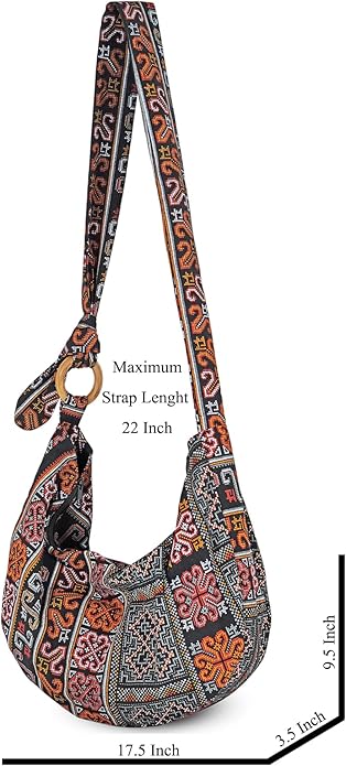 Boho Hobo Crossbody Bag – Handmade Cotton Sling Tote with Wooden Ring