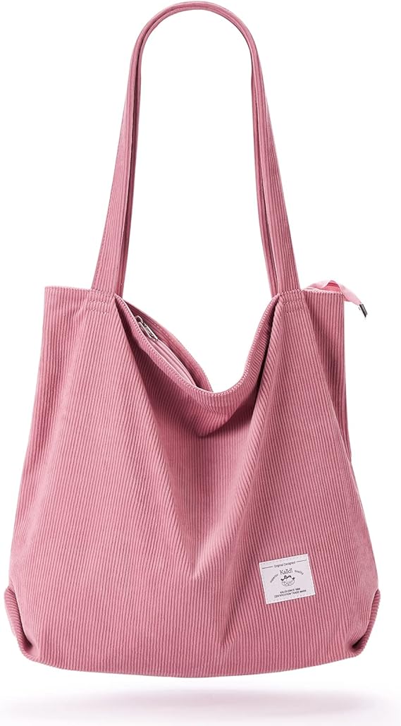 Corduroy Tote Bag for Women – Casual Zipper Shoulder Bag with Pockets