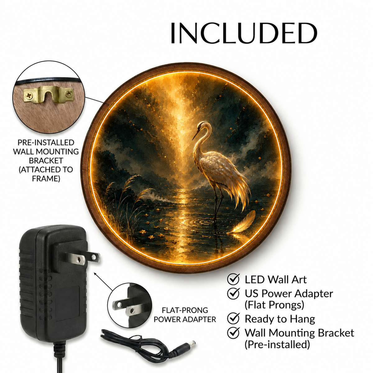 Golden Heron – Handcrafted Round LED Wall Art