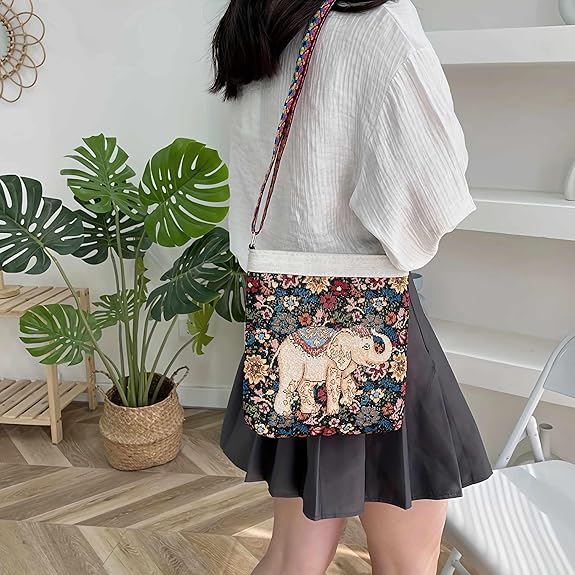 Mini Boho Elephant Crossbody Bag – Handmade Hemp Hobo Purse with Zipper for Women