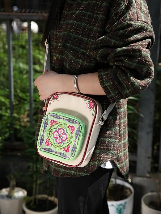 Embroidered Canvas Crossbody Bag – Small Lightweight Shoulder Purse