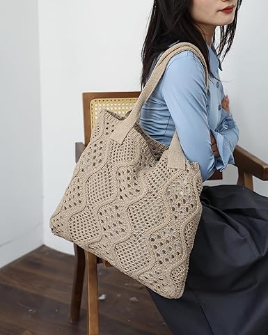Summer Crochet Bag for Women – Large Boho Knit Beach Shoulder Tote