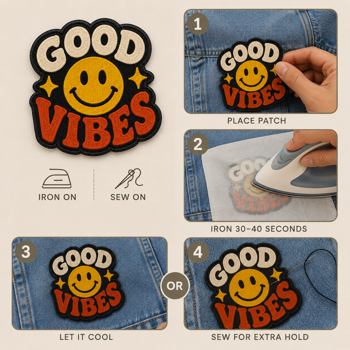 Good Vibes Smiley Face Embroidered Iron-On Patch ā Retro Hippie Applique