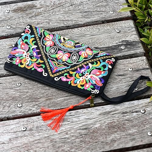 Boho Floral Embroidered Wristlet Clutch Bag for Women & Girls