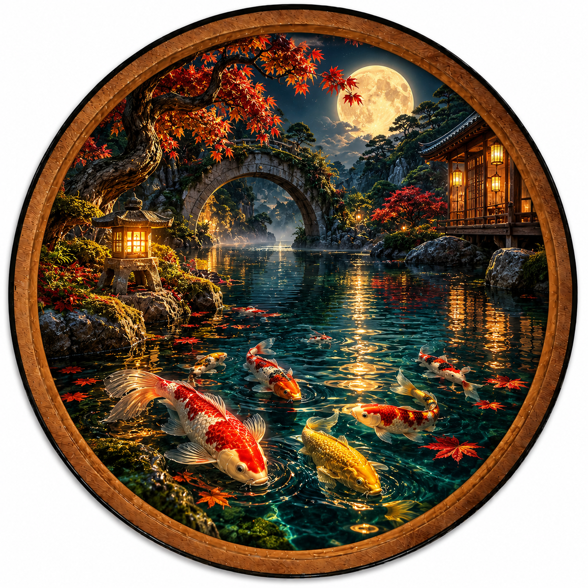 Moonlit Koi Garden – Handcrafted Round LED Wall Art