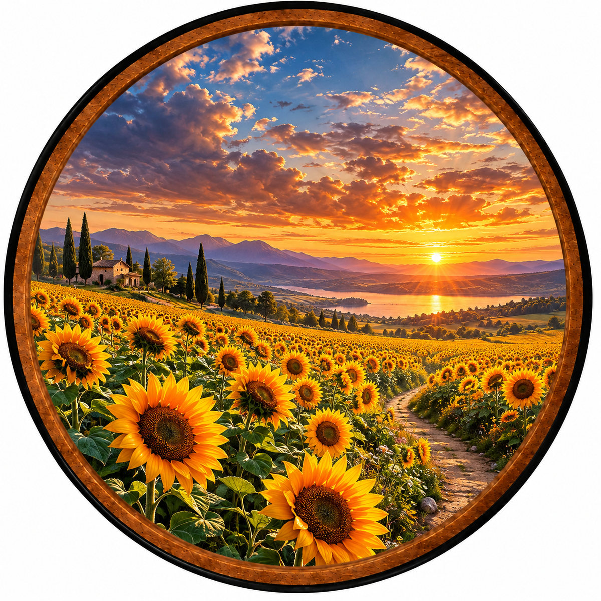 Golden Sunflower Sunset – Handcrafted Round LED Wall Art