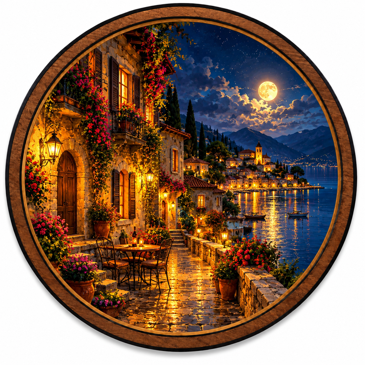 Moonlit Coastal Village – Mediterranean Round LED Wall Art