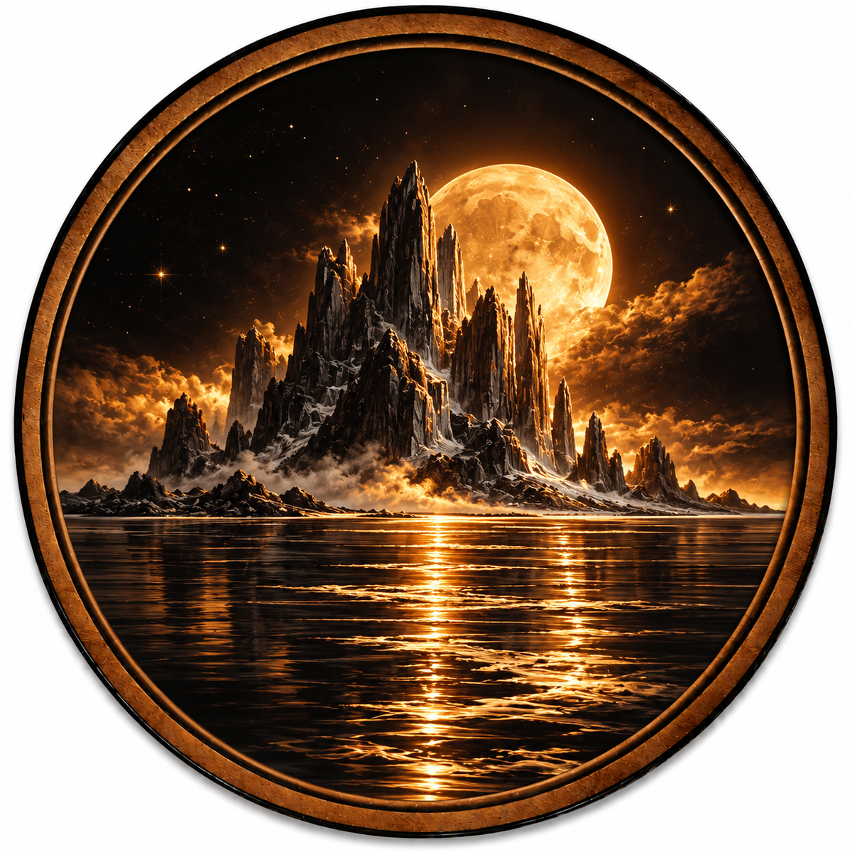 Handcrafted Golden Moon Mountain LED Wall Art – Mystical Black & Gold Landscape, Full Moon Night Sky Decor