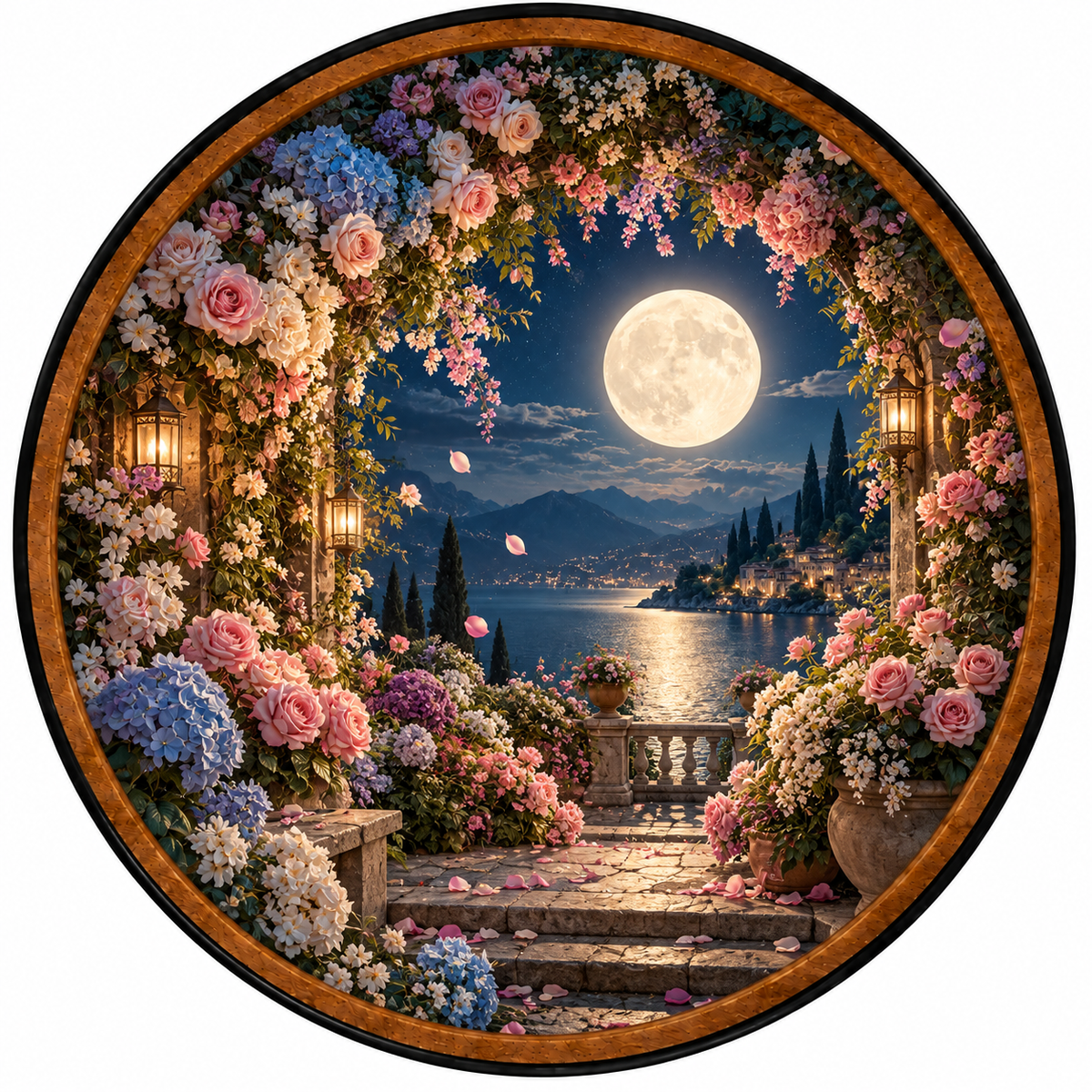 Moonlit Rose Garden – Handcrafted Round LED Wall Art