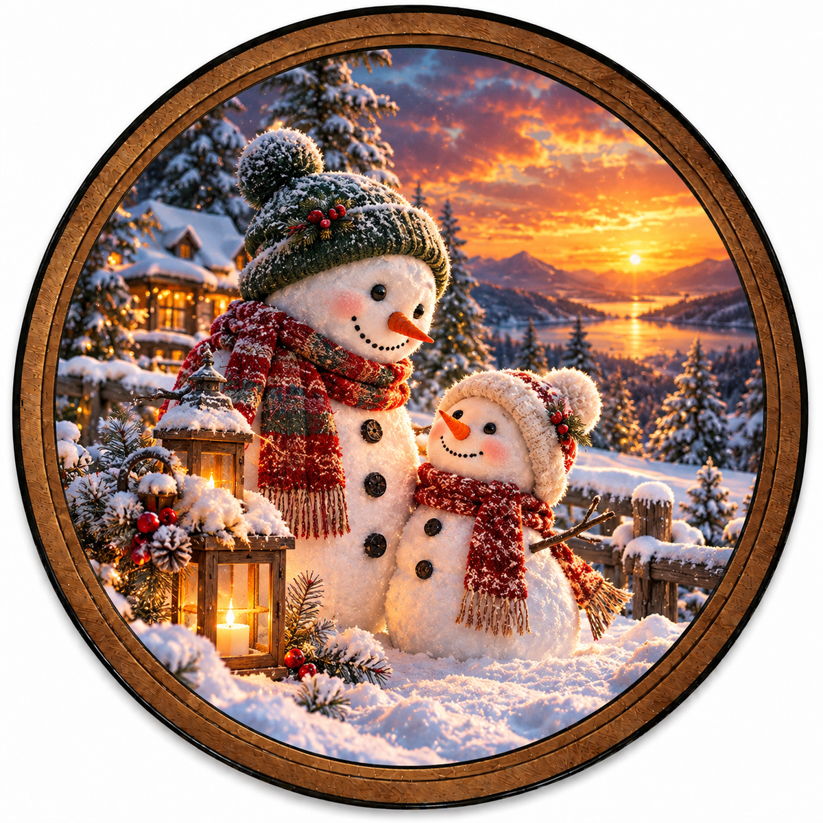 Handcrafted Christmas Snowman LED Wall Art – Cozy Winter Sunset & Snowman Family Holiday
