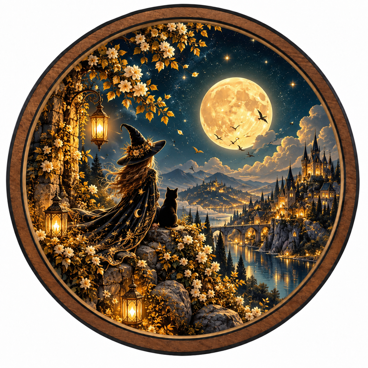 Moonlit Witch & Black Cat – Fantasy LED Wall Art